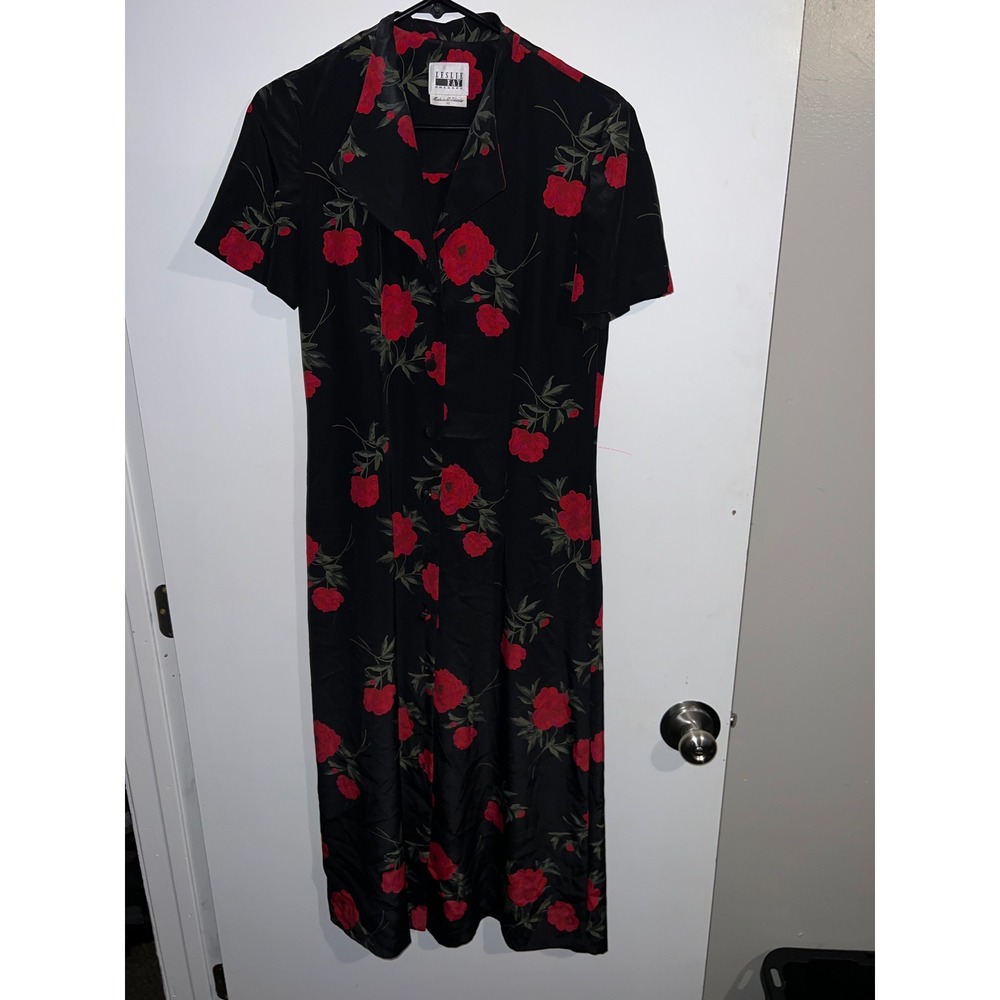 Leslie Fay Vintage Black Red Floral Rose Midi Dress Size 10 Short Sleeve